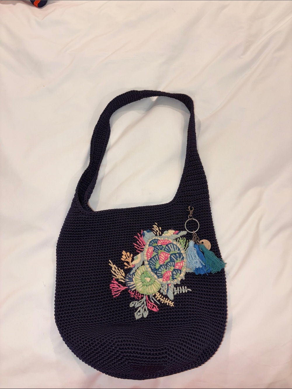 Sakroots Navy Crochet Shoulder Bag with Multicolor Embroidery and Tassel